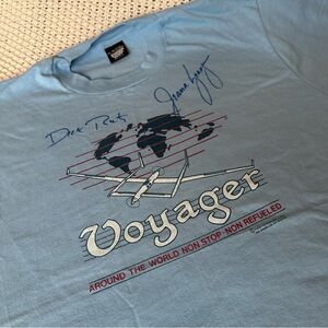 VINTAGE 80s Voyager Flight Around the World T Shirt One Tank Gas SIGNED Sz XL